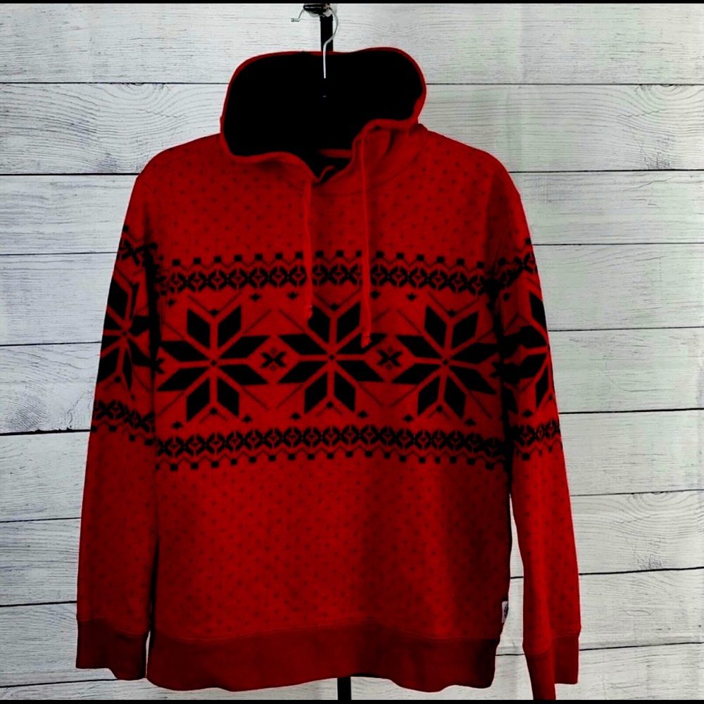 Express Mens Hoodie Red Black Fair Isle Nordic